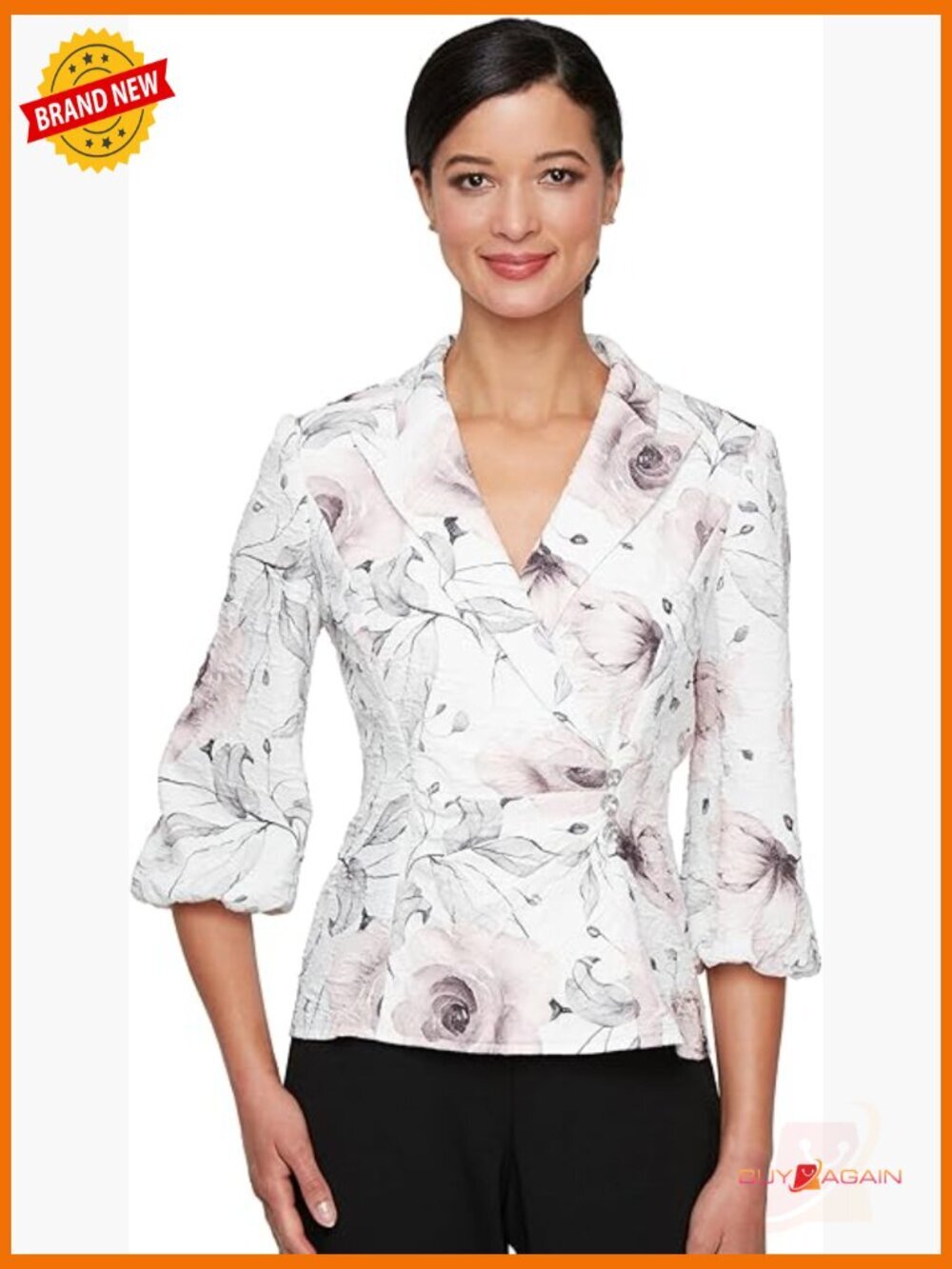 Floral Jacquard Blouse 3/4 Sleeve Side Closure True to Size